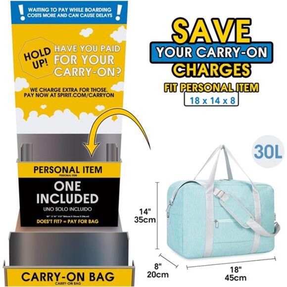 For Spirit Airlines Personal ItemBag 18x14x8 Foldable Travel DuffelBag Underseat - Picture 2 of 7